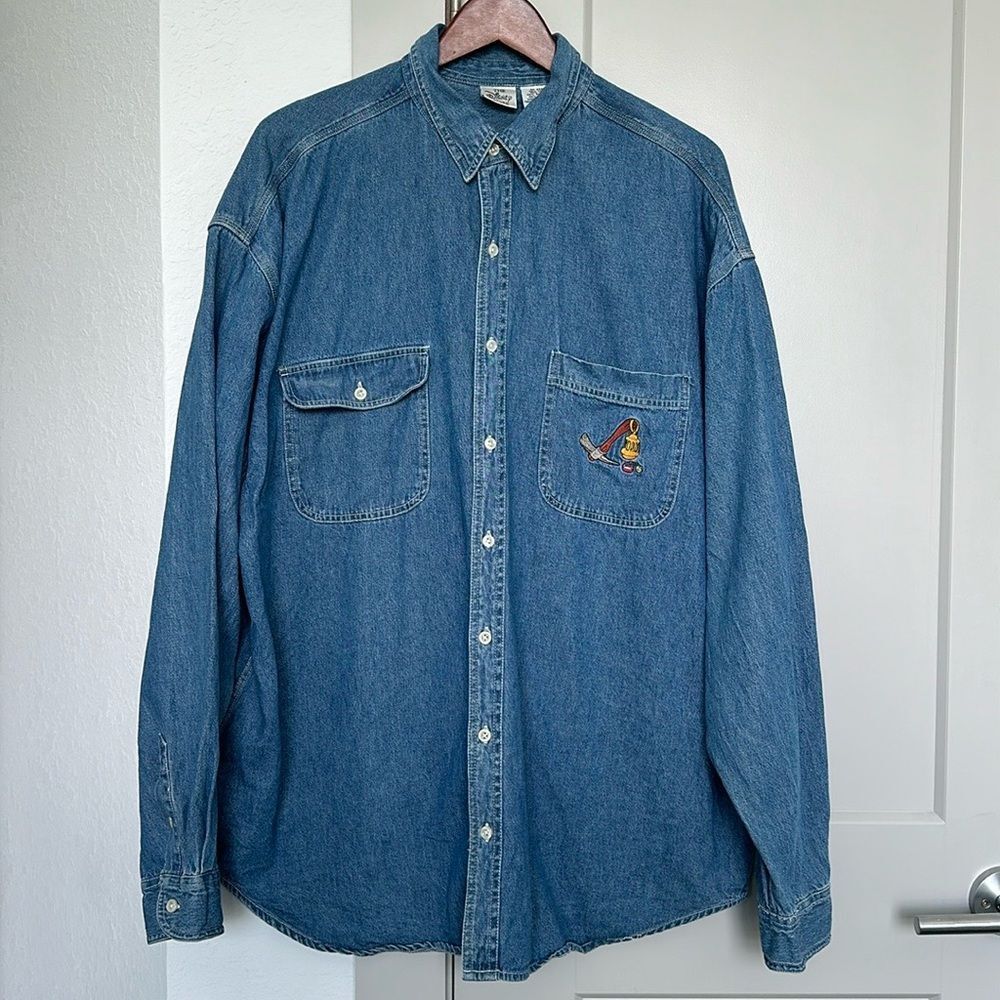 VINTAGE 90S DISNEY STORE SEVEN DWARFS DENIM LONG SLEEVE BUTTON DOWN MENS LARGE - Picture 3 of 7